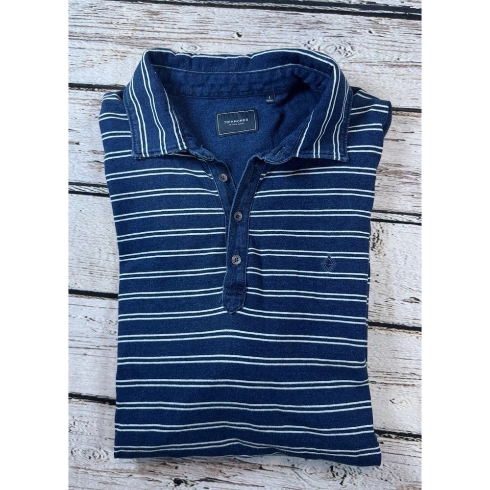 7 Diamonds Shirt Mens Large Blue Striped Polo Stretch Preppy Dressy Classy